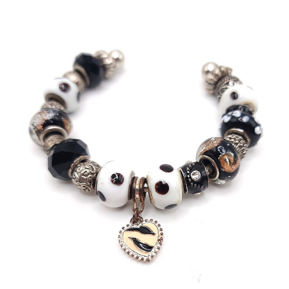 Black White Lampwork Bead Charm Bracelet Zebra Heart Silver Tone 7in
